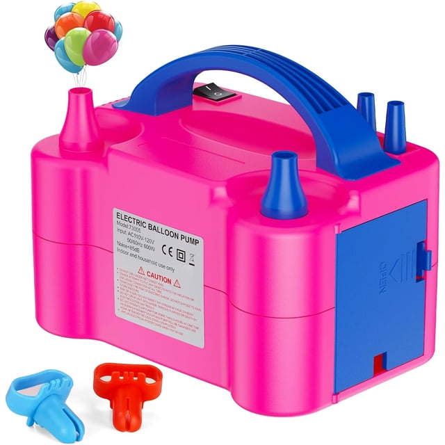 Electric Air Balloon Pump, Portable Dual Nozzle Electric Balloon Inflator for Party Decoration. The pump features a vibrant pink and blue plastic housing with a sturdy handle and dual nozzles for inflating latex and decorative balloons. It operates on 110-120V with a 600W motor, offering manual and automatic modes for efficient inflation. Compact and lightweight at 1.2 lbs, it measures 8.2 x 5.6 x 6.4 inches, making it easy to carry. Includes additional nozzle attachments for versatility. Suitable for weddings, anniversaries, parties, and festivals. Not compatible with foil or helium balloons.