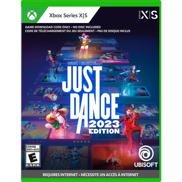 Just Dance 2023 (Xbox Series X) Couverture de Jeu Mettant en Vedette des Danseurs Animés en costumes Colorés sur un Fond Numérique à Étages avec le Titre en Lettres Blanches Audacieuses, les logos Ubisoft et Xbox Series X/S, Indiquant un Jeu Téléchargeable Nécessitant une Connexion internet.