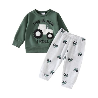 Ediodpoh Ensembles et Ensembles pour Garçons Ensemble de Jogging pour Bébé Garçon avec Tracteur et Voiture Chandail à Manches Longues Pantalon Ensemble de Vêtements Deux Pièces Survêtements Confortables pour Tout-Petits Ensembles de Tenues pour Garçons Vert 6-12 Mois