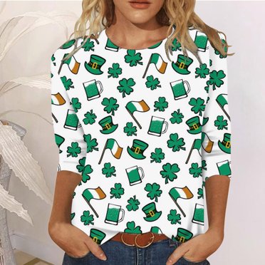 CEHVOM T-Shirt Drôle de la Saint-Patrick pour Femmes à Manches 3/4, T-Shirts Verts Chanceux Imprimés pour la Saint-Patrick, T-Shirt Court Décontracté à Col Rond pour Dames avec Imprimé de la Saint-Patrick