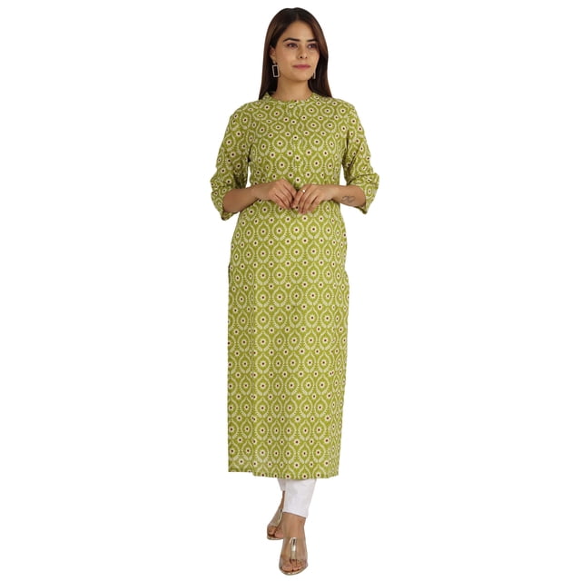 Moomaya Kurti Ethnique Indienne Imprimée pour Femmes, Col Mandarin, Longue Kurta Droite avec Poches