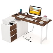 Patiojoy L-Shaped Desk with File Cabinet & Power Outlet 54.5 Inch Reversible Corner Computer Desk with 3 Drawers Brown & White