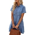 thumbnail image 1 of Wangsaura Robe en Denim d'Été pour Femmes, Col à Revers à Manches Courtes avec Boutons, Décontractée, 1 of 6