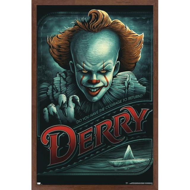 IT - Pennywise Derry Wall Poster, 14.725" x 22.375" framed, depicting Pennywise the clown with orange hair and cracked blue skin reaching forward with clawed fingers. The dark background features bold red 'DERRY' text and a paper boat labeled 'S.S. Georgie' below, with the phrase 'Do you have the courage to return?'. This framed poster is lightweight, easy to hang, and ideal for home décor or themed events.