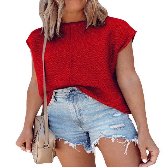 Women Solid Color Sweater Vests Crew Neck Cap Sleeve Loose Pullovers
