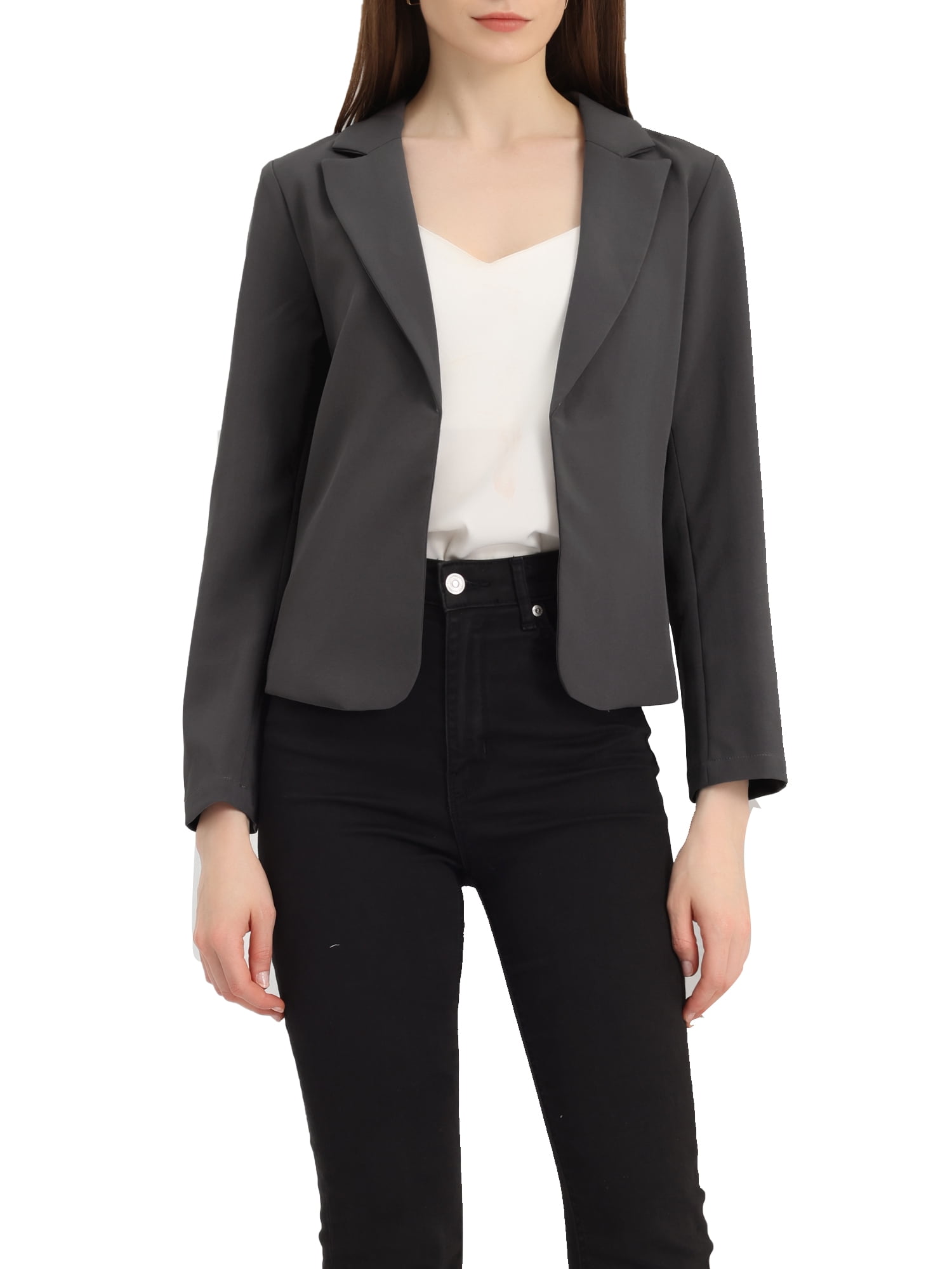 INSPIRE CHIC Women's Blazer Open Front Wear-to-Work Summer Crop Suit Jacket XL Dark Grey-Solid