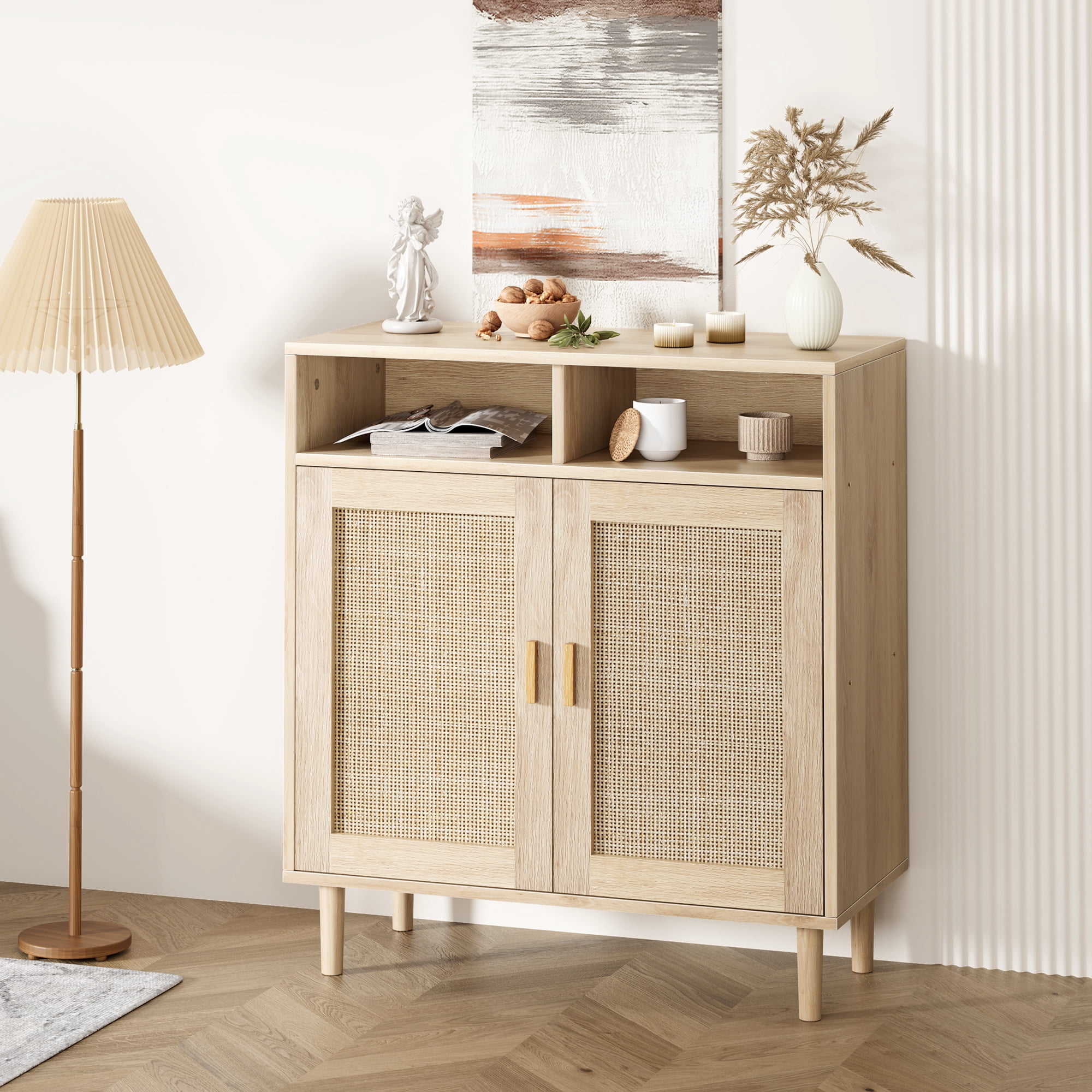 Rattan Sideboard Buffet Cabinet, Boho Storage Cabinet with 2 Doors, Open Shelf for Living Room, Hallway & Kitchen