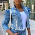 thumbnail image 1 of Veste en Denim pour Femmes, Courte, à Revers, Effilochée, à Boutons, à Manches Bouffantes, Coupe Ajustée, 1 of 6