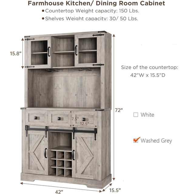 72-inch farmhouse bar cabinet in washed grey with sliding barn doors, featuring a tall kitchen buffet design. Includes a storage hutch with two open shelves, four glass-door shelves, three drawers, and two side cabinets. Equipped with a wine rack for 12 bottles and three rows of glass slots. Made of durable particleboard with a wear-resistant surface, suitable for use as a coffee bar, wine cabinet, or kitchen pantry. Dimensions: 72 inches tall, 42 inches wide, and 15.5 inches deep.