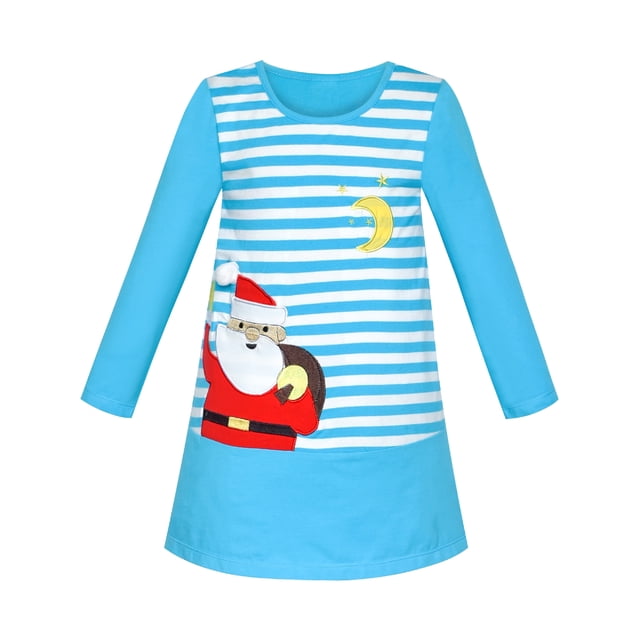 Robe Fille Noël Père Noël Rayée Bleue Coton 5 Ans