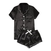 GDREDA Summer Pajamas for Women Women's Casual Solid Silk Satin Pajama Set Short Sleeve Button Up Top & Shorts Sleepwear Women Pajama Sets pyjamas Black,S