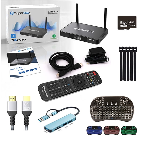 Super Box S6 Pro 2025 Entièrement Chargé, Boîtier TV Intelligent 6k HD avec Contrôle Parental Heure/télécommande Vocale/USBHub/carte TF 64G