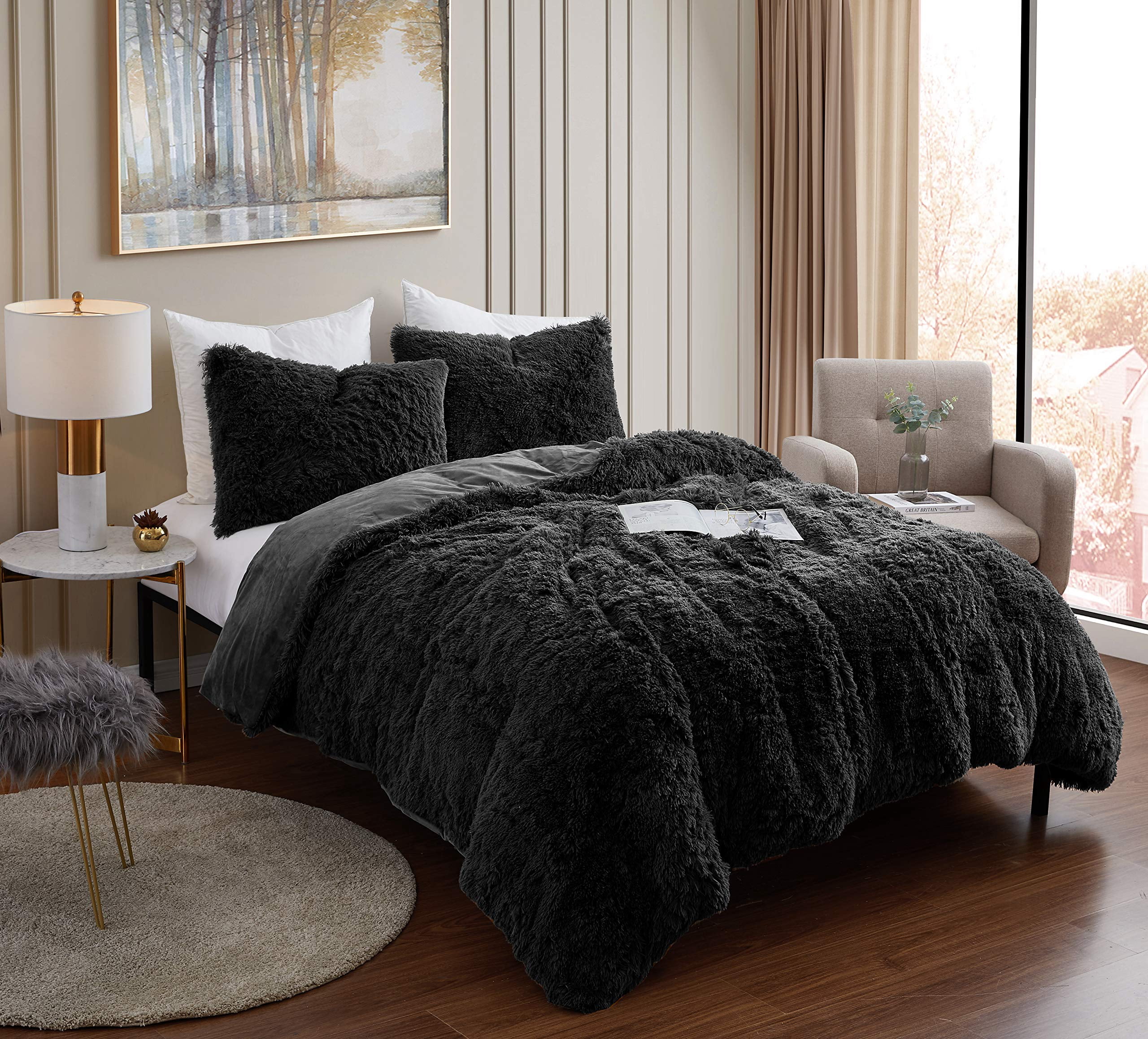 Sweet Home Collection Plush Shaggy Comforter Set Ultra Soft Luxurious Faux Fur Decorative Fluffy Crystal Velvet Bedding with 2 Shams, Queen, Black(Pack of 1)