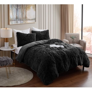 Sweet Home Collection Plush Shaggy Comforter Set Ultra Soft Luxurious Faux Fur Decorative Fluffy Crystal Velvet Bedding with 2 Shams, Queen, Black(Pack of 1)