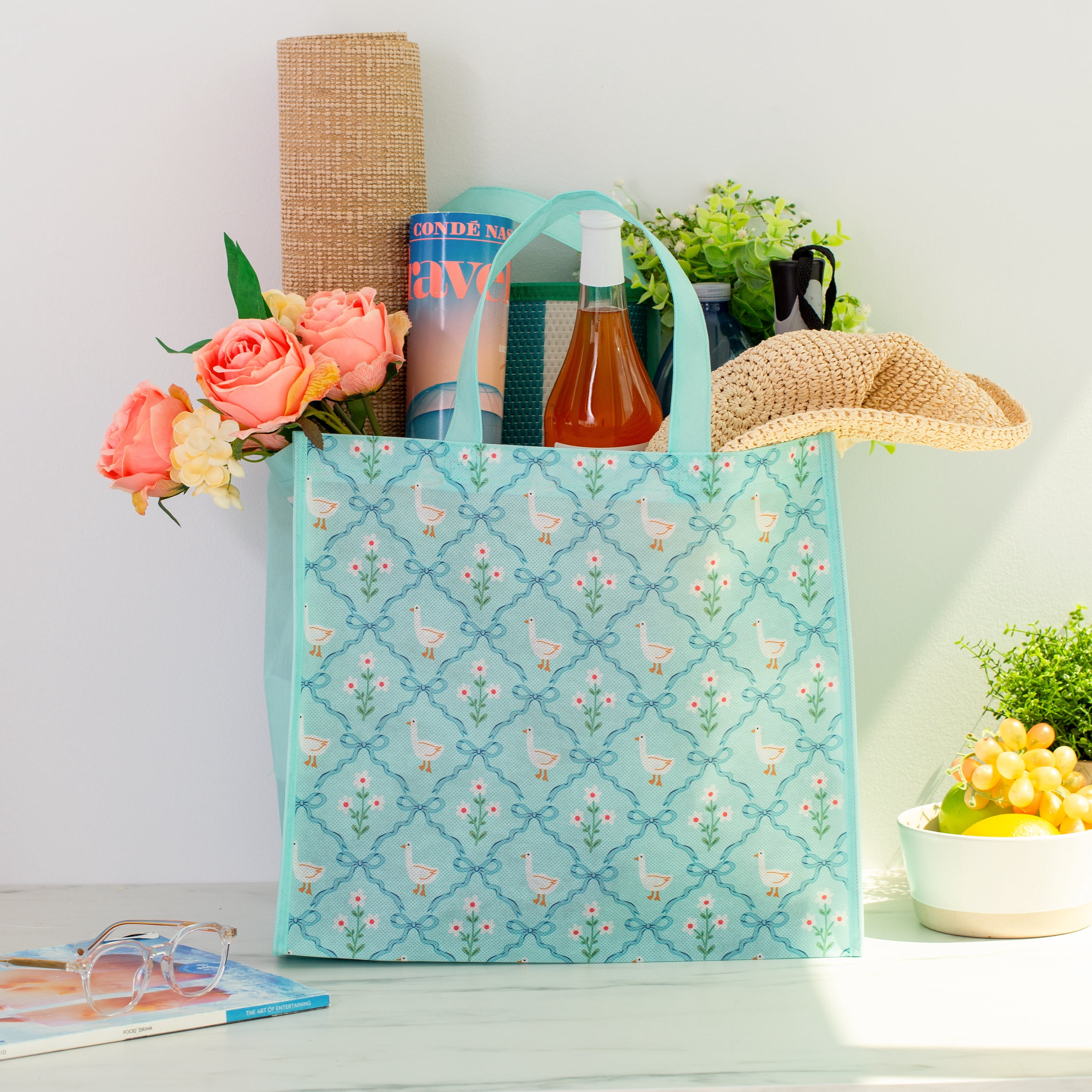 Sac De Courses Réutilisable Sur Le Thème Du Printemps Avec Porte-Bouteille – Sac À Provisions Avec Poignées Réutilisable, Sac d’épicerie Multifonction