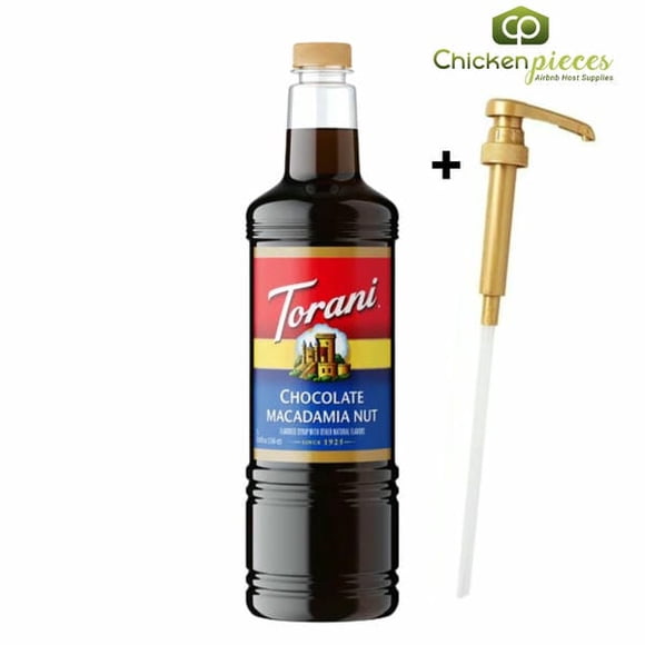 Torani Chocolate Macadamia Nut Flavoring Syrup, Professional Island-Inspired Specialty Base, Shatter-Resistant 1L Plastic Bottle + Bonus Squeeze Pump