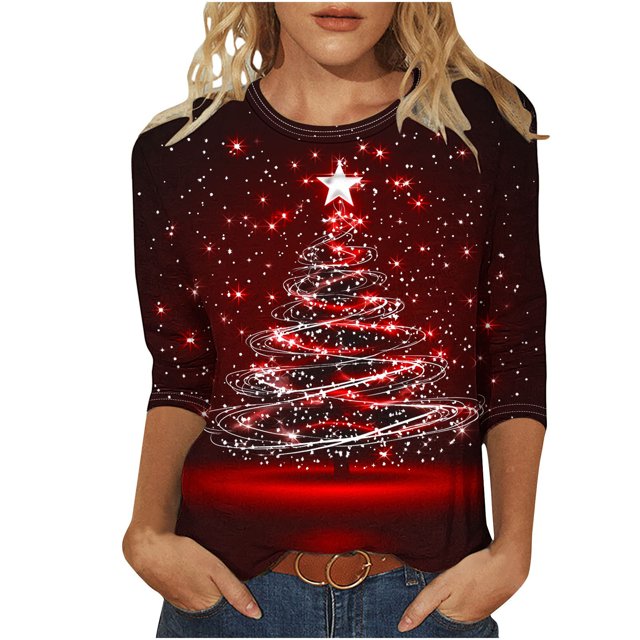 Lcziwo T-Shirt pour Femmes à Manches 3/4, Col Rond, Fêtes de Noël, Imprimé Arbre de Noël, Chemises Élégantes, Mode Automne, Décontracté, Tendance, Blouses 2025 Rouge,G