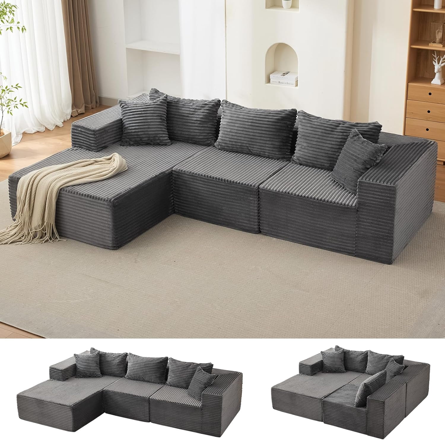 106" Cloud Couch Sectional Sofa with l-Shape Chaise and Memory Foam, 3-Seat Modular Sofa for Living Room, No Assembly Required Upholstered Couch, Left Facing