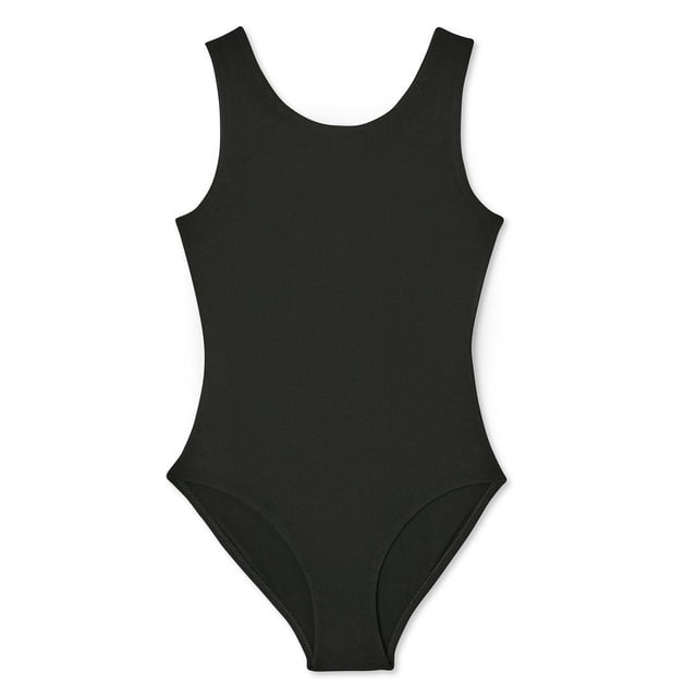 George Girls' Leotard in black with scoop neckline and thick tank straps, made from soft jersey knit blend of cotton, polyester, and spandex. Features elasticized leg holes and lined gusset for stretch fit, ideal for activewear, dancewear, or as a comfortable base layer.