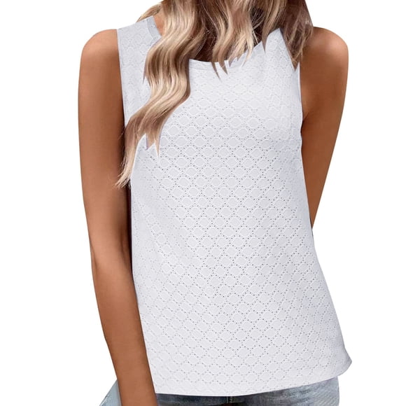 GDREDA Athletic Racerback Tanks Tank Tops For Women Sleeveless Eyelet Shirts High Crew Neck Cute Summer Loose Fit Top Women's Tanks & Camis White,L
