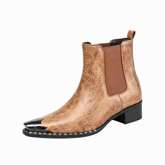 Bottes Chelsea de Mode pour Hommes avec Embout Métallique, Bottillons à la Cheville en Cuir Gaufré Texturé avec Côtés Élastiques, Bottes Style Western à Talon Bas pour Hommes, Noir/brun/gris/vert