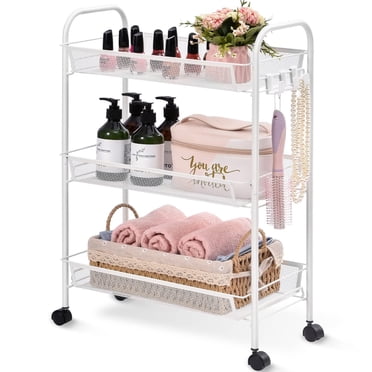 Kingrack Rolling Cart, 3-Tier Metal Utility Cart with wheels for Office and Home, White