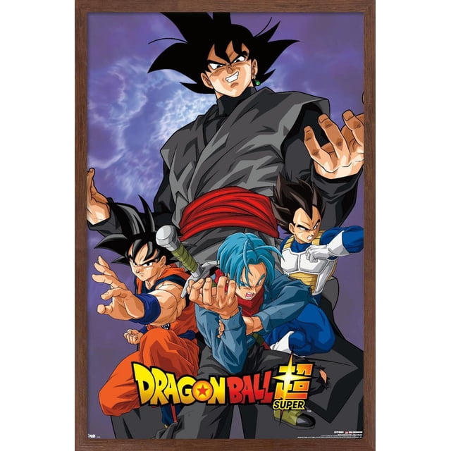 Dragon Ball : Super - Affiche Murale de Méchant, 22,375 Pouces x 34 Pouces Représentant Quatre Personnages de Dragon Ball en poses d'Action Dynamiques contre un Ciel Nuageux Violet. le Plus Grand Personnage Porte une Tenue Gris Foncé avec une Ceinture Rouge et une Boucle d'Oreille Verte, Debout derrière Trois Autres : l'Un dans un gi d'Arts Martiaux orange Se Tendant vers l'Avant, un Autre avec des Cheveux Bleus Tenant une Épée, et un Troisième en Armure Bleue et Blanche avec des Poings Serrés.