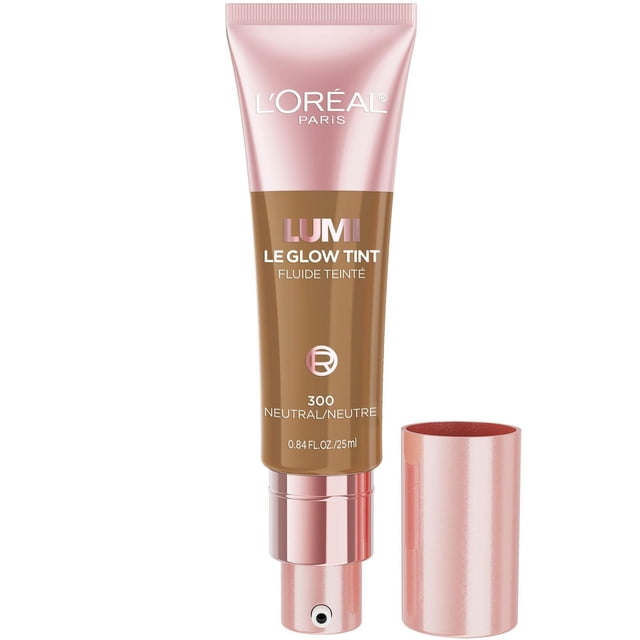 L'Oréal Paris Lumi Le Glow Tint skin tint foundation in shade 300 Neutral, shown in a standing tube with rose gold pump dispenser and cap removed, featuring a water-based, lightweight liquid formula for a radiant, second-skin finish and buildable coverage.