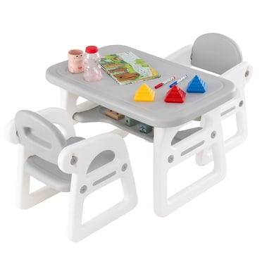 Costway 3-Piece Kids Table and Chair Set Toddler Activity Study Desk with Building Blocks Gray