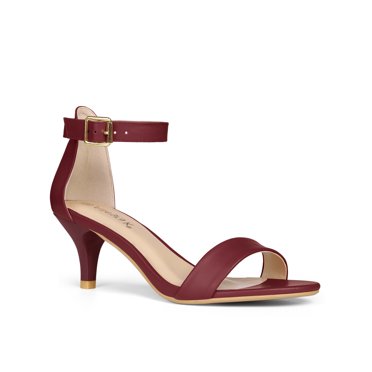 BLISSFUL STEP Women's Shoes Kitten Heel Ankle Strap Open Toe Sandals Burgundy 6