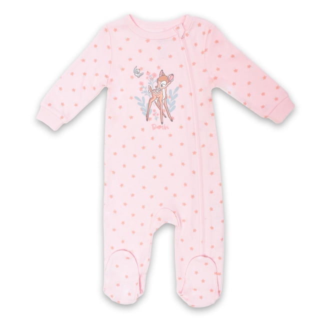 Disney Dormeuse Bambi pour Bébés Filles, Dormeuse une-Pièce Rose Pâle avec Pieds et Motif d'Étoiles orange, Encolure Ronde Côtelée et Poignets, Fermeture Éclair avant, avec Graphique Bambi et Oiseau sur la Poitrine, Tissu interlock Doux 60 % Coton 40 % polyester, Convient aux Peaux Sensibles, Tailles 0 à 24 Mois.
