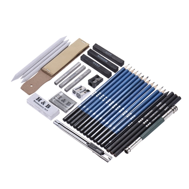 Amdohai 32pcs/Set Professional Drawing Sketch Pencil Kit, including 12 sketch pencils (8B, 6B, 5B, 4B, 3B, 2B, B, HB, 2H, 3H, 4H, 5H), 3 charcoal pencils (soft, medium, hard), 1 graphite pencil (6B), 3 charcoal sticks (soft, medium, hard), 3 graphite sticks (soft, medium, hard), 2 sharpeners (black for charcoal, double-hole for graphite), 2 erasers (rubber and kneaded), 3 paper stumps, a sandpaper block, a cutter knife, and a pencil lengthen tool. Comes with a zippered carrying bag for easy storage and portability. Suitable for artists, students, and sketch enthusiasts.