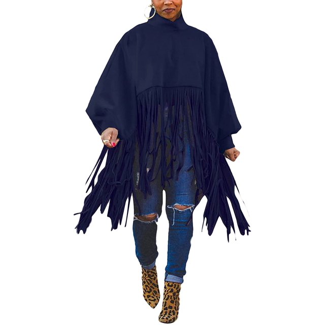 Haut à Franges à Col Montant à Manches Longues pour Femmes, Grande Taille, Poncho à Franges