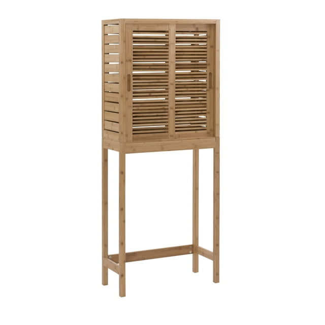 Boyd Space Saver tall bamboo storage cabinet with two sliding slatted doors and three interior shelves, designed to fit behind a toilet and maximize vertical space as a wall décor and display shelf solution for small rooms.
