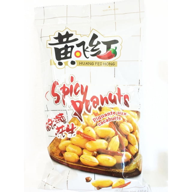 Huangfeihong Spicy Peanuts in a white bag with grid lines, featuring shelled peanuts and dried red chili peppers on the front, preservative-free and ready to eat, ideal as a nut topping for snacks and ice cream cones.