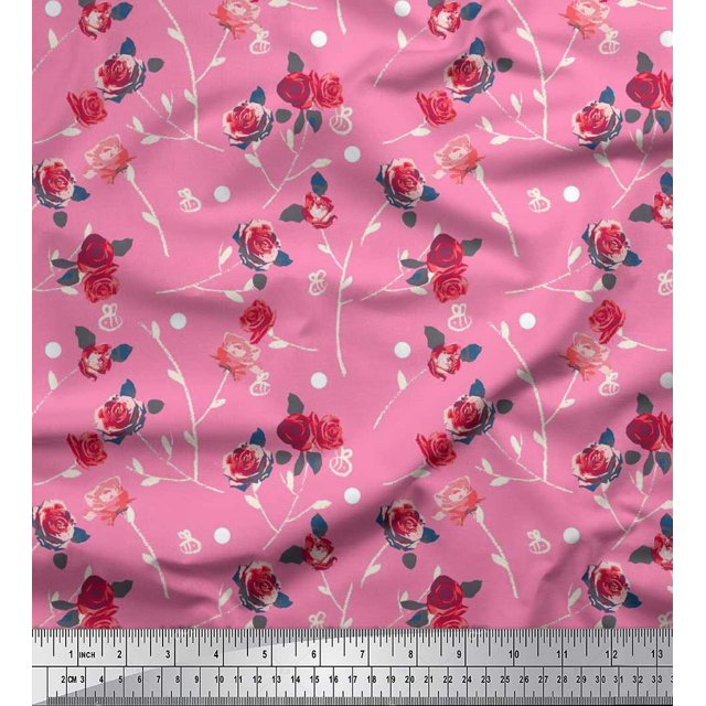 Soimoi Tissu Satin Modal Feuilles, & Imprimés Floraux Roses au Mètre 42 Pouces de Large