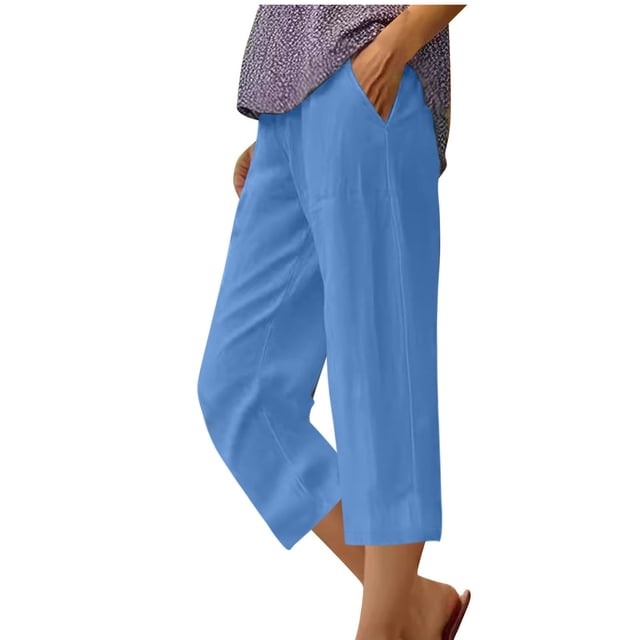 Timegard Capri Pants for Women Cotton Linen Elastic Waisted Ruched Casual Loose Trousers with Pockets