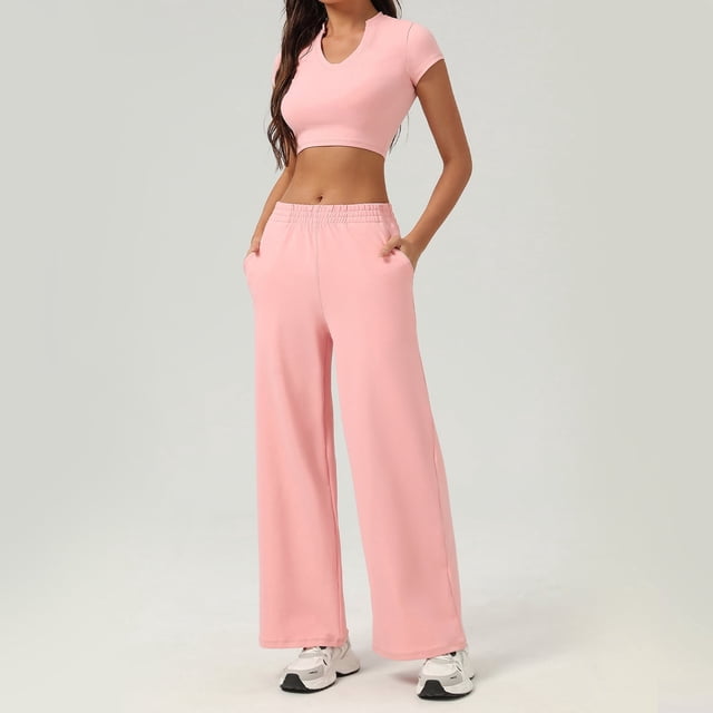 PISONIC Ensemble Court à Col en V pour Femme et Short - Vêtement de Mise en Forme Actif avec 4 Options de Couleur