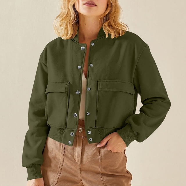 HongQid Women's Bomber Jackets Winter Trendy Varsity Jackets Shackets Button Down Cropped Coats with Pockets