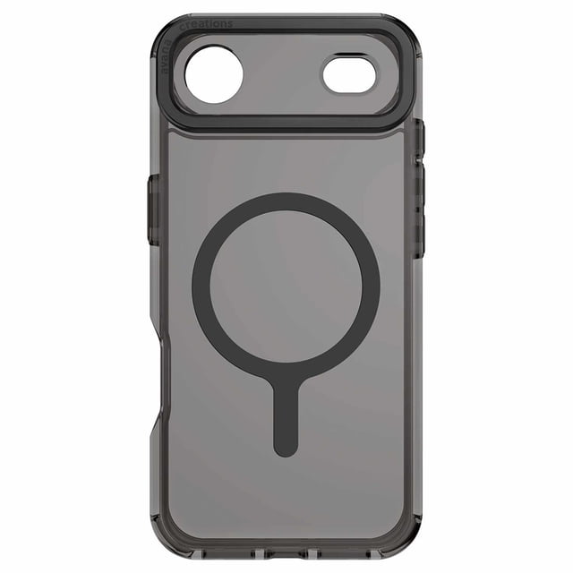 Avana Ice MagSafe Case Ash for iPhone Air shown from the back with a clear ash recycled material body, black MagSafe magnet circle, camera and screen cutouts, 10 ft drop protection, antimicrobial shield, and self-healing scratch resistance.