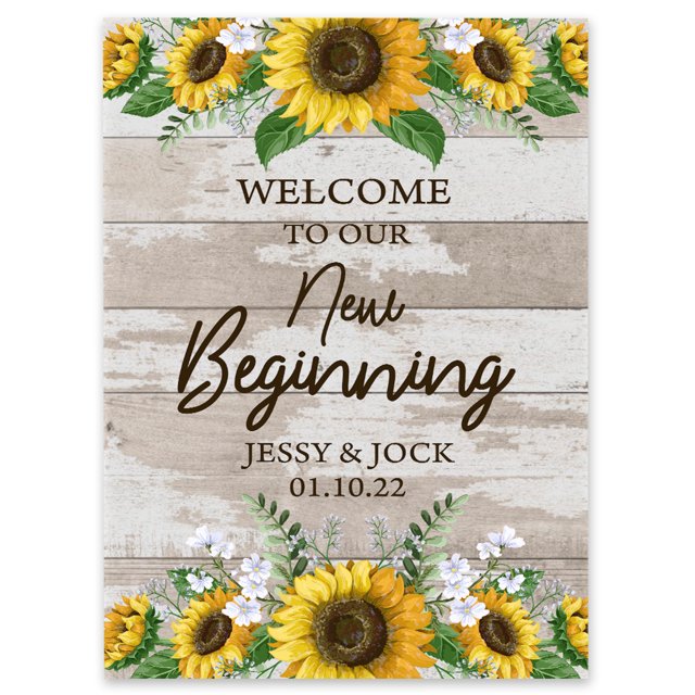 Darling Souvenir MADE WITH LOVE Personalized Welcome Sign/ Banner, Welcome To Our New Beginning Custom Sunflower Border Wedding, Engagement Party Sign - 18x12