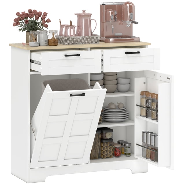 HOMCOM Tilt Out Trash Cabinet, Kitchen Island with Garbage Cabinet, White. This multifunctional kitchen storage unit features a 7-gallon tilt-out trash cabinet to conceal waste and odors, two drawers for utensils, and two adjustable shelves for cookware. The cabinet includes door racks with guardrails for organizing spices and snacks. Made of durable particleboard with a melamine surface, it is easy to clean and has a modern white finish with a natural wood tabletop. Anti-tipping kits ensure safety, and the overall dimensions are 39.4 inches wide, 13.8 inches deep, and 36.2 inches high.