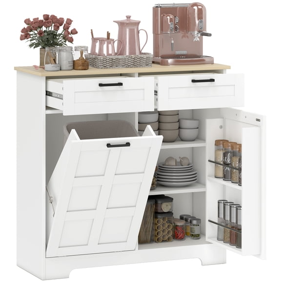 HOMCOM Armoire à Déchets Basculante, Îlot de Cuisine avec Armoire à Déchets, Blanc