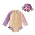 thumbnail image 1 of Girls Long Sleeve Hooded Color Block Swimsuit for Kids Soft Stretch Rash Guard Bathing Suit for Summer, 1 of 3