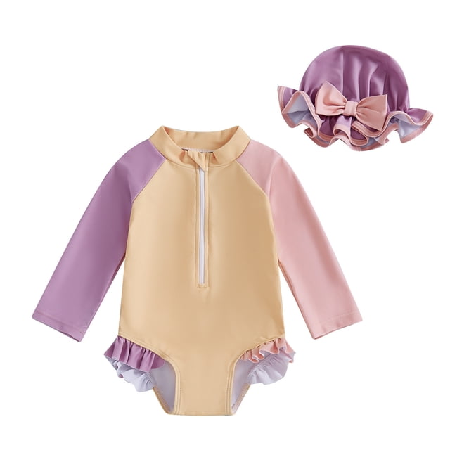 Girls Long Sleeve Hooded Color Block Swimsuit for Kids Soft Stretch Rash Guard Bathing Suit for Summer