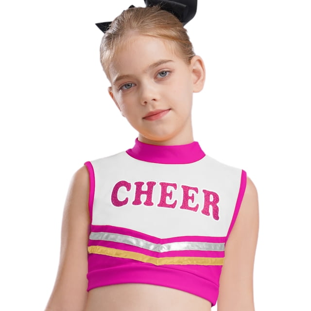 vastwit Kids Girls Mock Neck Tank Vest Shirts Sleeveless Color Block Letters Printed Cheerleading Uniform Crop Tops Hot Pink 6