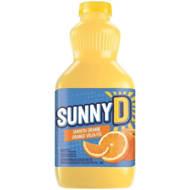 Sunny D Smooth Orange juice in a 1.89 L yellow plastic bottle with a ribbed neck and yellow cap, featuring a blue label with the Sunny D logo, sliced orange images, and text indicating no artificial flavours and added sucralose and glucose-fructose, providing a vitamin C-rich fruit juice blend suitable for refreshing hydration.