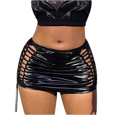 Shiny Metallic Skirt for Women Slim Fit Hollow Out Side Drawstring Mini Skirt Dance Clubwear Short Skirt