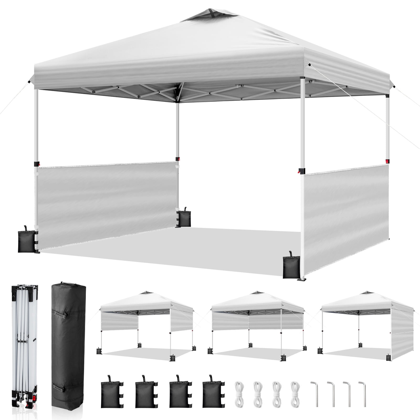 Ktaxon 10x10 Ez Pop Up Canopy Tent,Outdoor Sun Shade Shelter,Outdoor Gazebo,One Push Setup with 2 Half Sidewalls,1 Roller Bag,4 Sandbags,UPF50+ - White