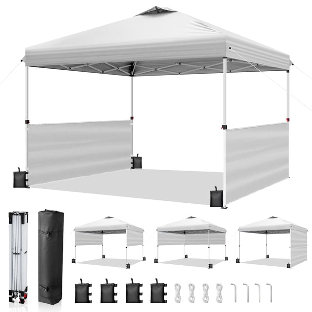 Ktaxon 10x10 Ez Pop Up Canopy Tent, Outdoor Sun Shade Shelter, Outtoor Gazebo, One Push Setup avec 2 Demi-murs latéraux,1 Sac à roulettes,4 Sacs à sable,UPF50+ - blanc